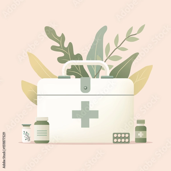 Obraz Flat Eco First Aid Box with Herbs and Pills