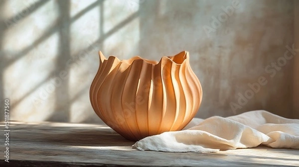 Obraz A matte terracotta vase with pleated folds resembling soft fabric, set on a rustic wooden table with a linen cloth, morning sunlight streaming in through a window,