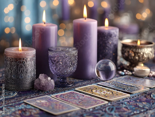 Obraz Elegant Tarot Table with Candles, Crystals, and Cards