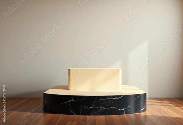 Obraz Elegant beige podium, black stone base, ideal for product display,  simple,  elegant