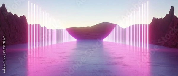 Obraz Surreal Neon Landscape with Mountains and Light Beams in a Vaporwave Aesthetic