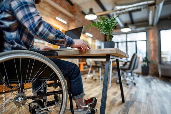 Fototapeta A person using a wheelchair working at a desk in a small, modern office