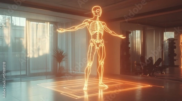 Fototapeta A modern home gym setup with a glowing AI-powered fitness mirror, user mid-squat receiving real-time posture correction feedback via holographic skeleton overlay.