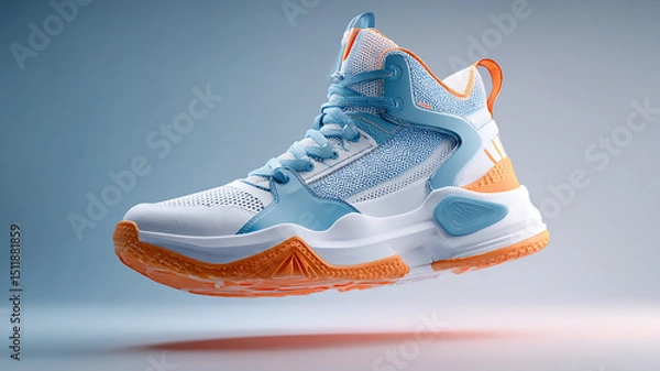 Obraz Modern Basketball Shoe with Blue and Orange Accents Floating in Mid Air Showcasing Design and Technology for Athletic Performance and Style Perfect for Sports and Fitness Marketing
