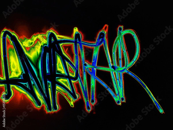 Fototapeta Glowing avatar inscription. On a black background, a word in English is handwritten with colored neon lines. It glows yellow and red along the edges, and there is a halo around the image.