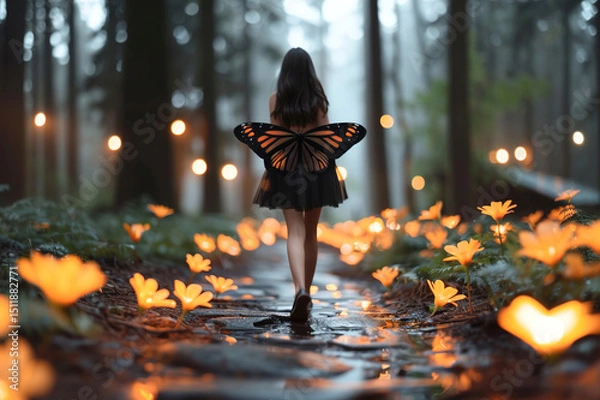 Fototapeta Woman with butterfly wings walking through an enchanted meadow with glowing flowers