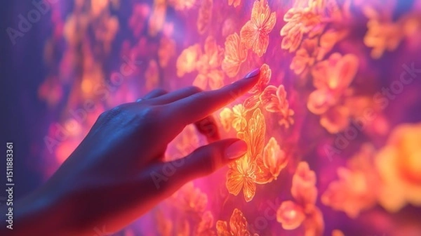 Obraz Close-up of a hand touching bioluminescent painted wall, colors transitioning based on warmth and air quality, microscopic plant patterns visible, glowing softly in dim indoor light.