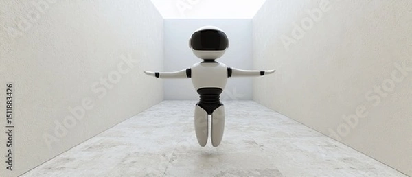 Obraz Conceptual portrayal of robotic figure suspended within clean minimal hallway