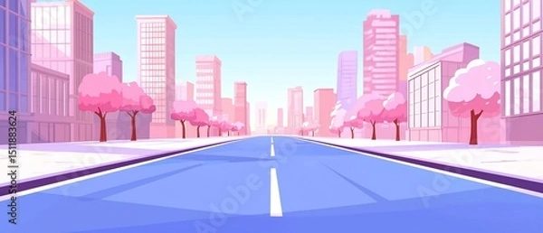 Obraz Urban Blossom: A Serene Cartoonscape of Pink Trees and Modern Architecture