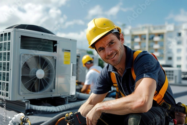Fototapeta Two maintenance workers in safety gear fixing air conditioning system on rooftop with cloudy sky