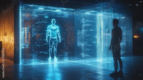 Obraz Futuristic personal training session where a holographic coach steps out from the AI mirror, interacting with the user while data floats between them. Created Using: sci-fi fitness concept,