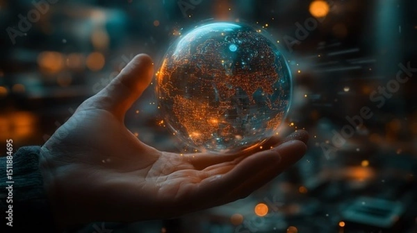 Obraz Hand holding a miniature Quantum Leap Drive over a digital globe, entangled information threads shooting from device into various locations across the world.