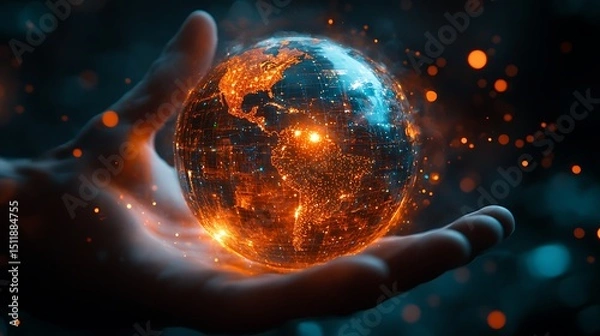 Obraz Hand holding a miniature Quantum Leap Drive over a digital globe, entangled information threads shooting from device into various locations across the world.