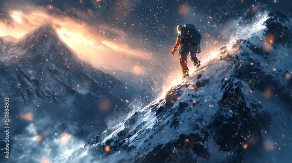 Obraz High-altitude scene of a climber scaling a snowy peak, gravity-reactive shoes dynamically adapting to the incline, grip pods extruding as ice flakes fly. Snowy ridge, dramatic lighting.