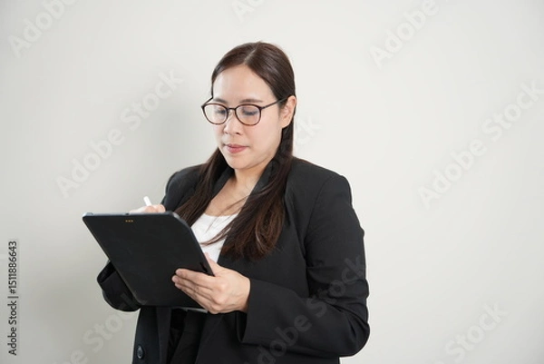 Fototapeta A professional woman in glasses writes on a digital tablet while standing against a plain white background.
