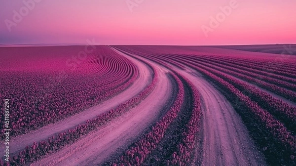 Obraz Surreal agrarian landscape with winding paths at dusky pink hour illumination