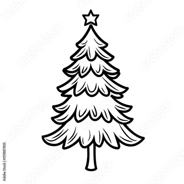 Fototapeta Xmas tree sketch, black and white line art, traditional fir or pine, simple stylized festive winter symbol, isolated vector for Noel