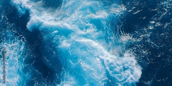 Obraz Aerial Ocean View: Deep Blue Waters and White Foam Swirl in Turbulent Pattern