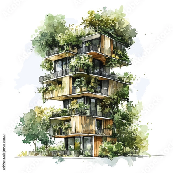 Fototapeta Sustainable Architecture, watercolor painting vector, high quality, isolated on a white background.