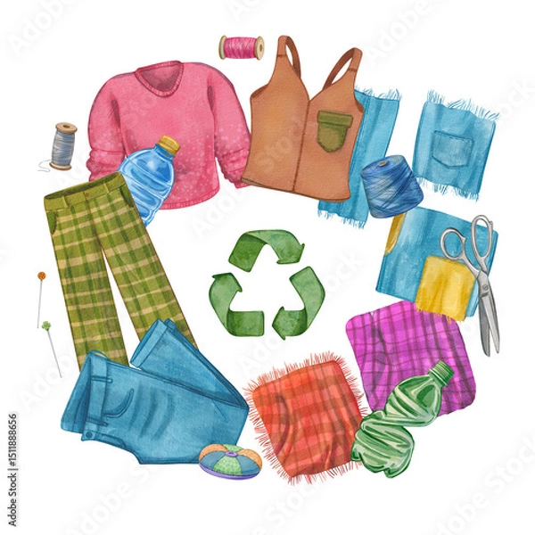 Fototapeta Frame clothing, fabrics, threads, and sewing tools with a recycling symbol in the center. Watercolor illustration the topic sustainable fashion and reuse. Ideal for eco campaigns, zero-waste visuals.