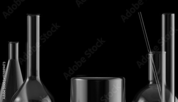 Fototapeta Elegant black glass laboratory flasks and beakers on a dark background. Modern 3D rendering perfect for cosmetics, pharmaceutical innovation, scientific research, and biotech product presentations.