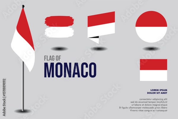 Obraz Set of Monaco flag in 5 designs: flag on pole, brush stroke, skew, round and standard. vector, flat, isolated on grey background. Perfect for various design projects