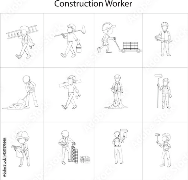 Fototapeta Construction Worker Vector Line Icons. 