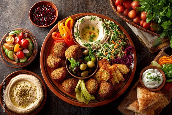 Obraz Colorful photo shoot of oriental food with hummus, falafel