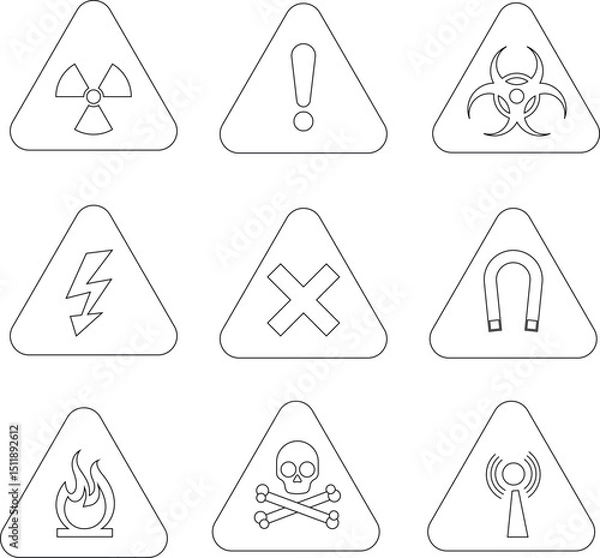 Fototapeta Danger, Warning sign line icon set. Poison, toxic, biohazard caution sign. Skull, chemical danger yellow triangle symbol element. Vector illustration