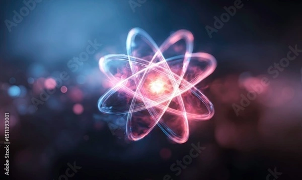 Fototapeta Glowing Atom Model with Orbiting Electrons on a Dark Background for Science and Technology Concepts