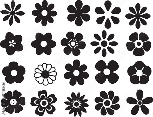 Fototapeta Flower Silhouettes Icon Set – Daisy, Rose, Chamomile Floral Symbols in Simple Vector Style