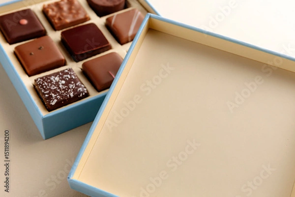 Fototapeta Minimal overhead shot of open box with chocolate squares on beige background, elegant candy dessert packaging mockup concept