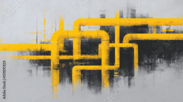 Fototapeta Image features abstract composition of interconnected yellow pipes or lines textured gray background, creating modern