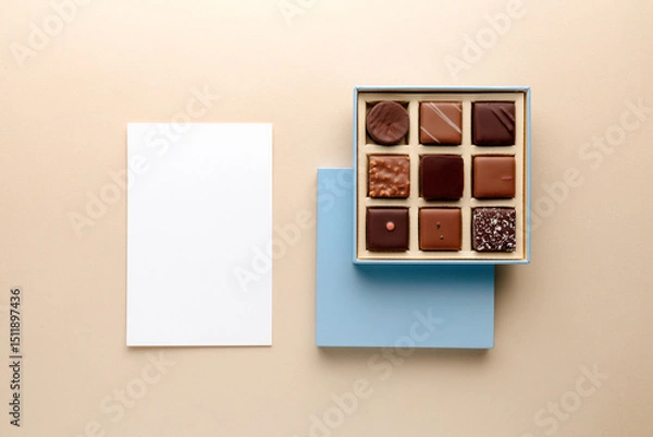 Fototapeta Minimal flatlay of open box with chocolate squares and blank card on beige background, elegant candy dessert packaging mockup concept