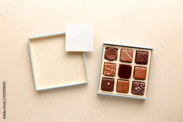 Fototapeta Minimal flatlay of open box with chocolate squares and blank card on beige background, elegant candy dessert packaging mockup concept