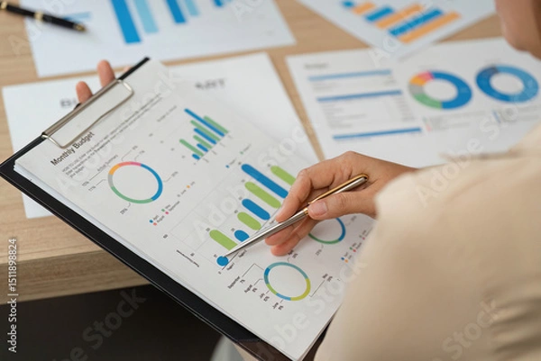 Obraz Budget Analysis. Professional reviewing monthly financial reports in a meeting.