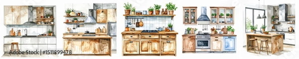 Obraz Five watercolor kitchen designs featu rustic and modern elements shown isolated on white background..