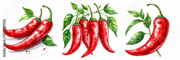 Obraz Three watercolor illustrations present vibrant red chili peppers with leaves isolated on white background.
