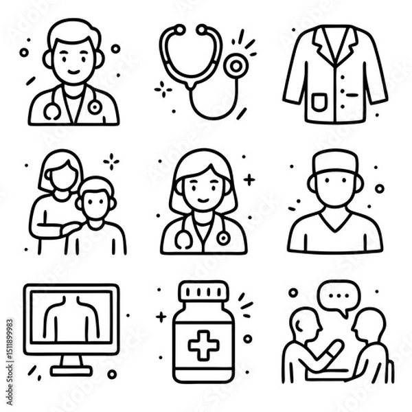 Obraz Nine medical icons with doctors and medicine suitable for healthcare websites, medical presentations, infographics, and educational materials about healthcare.