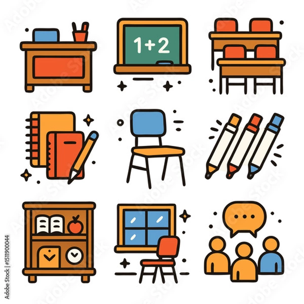Obraz Classroom items and furniture like desks, chairs, whiteboard, and books. Ideal for educational and schoolrelated projects and designs