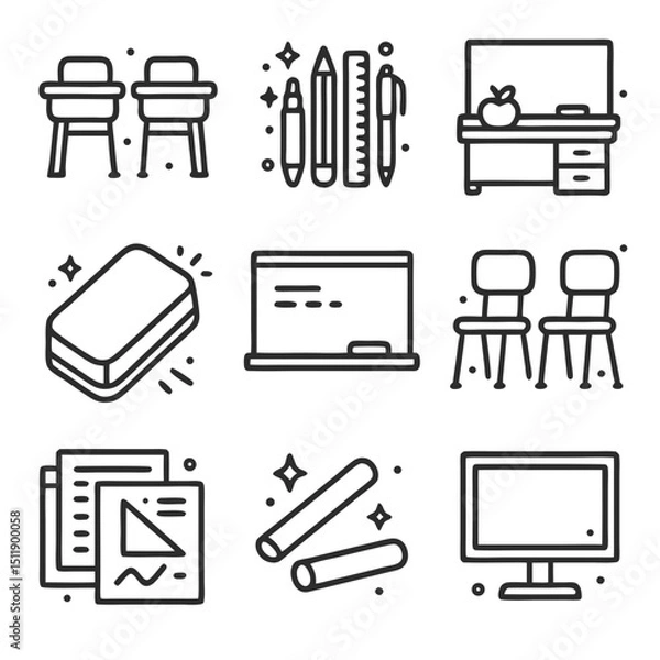 Obraz School supplies including desks, chairs, chalk, and an eraser. Suitable for educational, backtoschool, classroom, or officerelated designs and content.