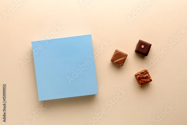Fototapeta Minimal flatlay of closed box on beige background, elegant chocolate packaging mockup concept