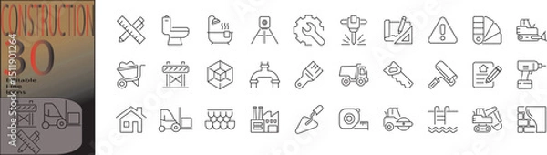 Fototapeta Collection of editable stroke construction icons in a clean design, featuring tools, structures, and safety equipment.