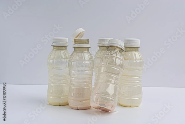 Fototapeta dirty empty plastic bottles from under yogurt on a white background, isolate
