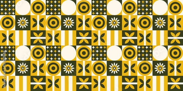 Fototapeta Geometric shapes and floral patterns in retro style.