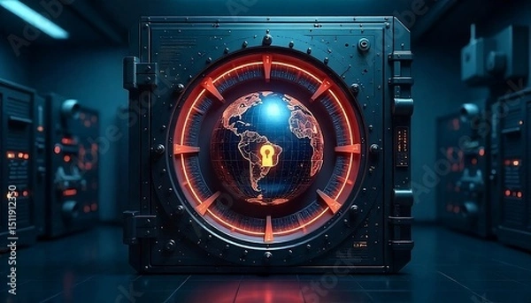 Obraz High-Security Vault With Globe and Digital Lock in Server Room

