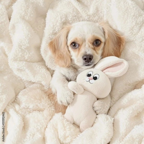 Obraz A small dog is laying on a bed with a stuffed rabbit