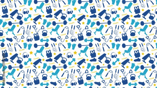 Fototapeta Seamless pattern featuring fitness equipment in blue and gold on a white background design theme