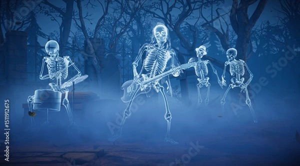 Obraz Halloween party. A ghost skeleton dance in a scary gothic cemetery. 
