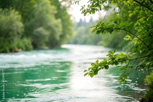 Obraz Tranquil river flowing through lush greenery